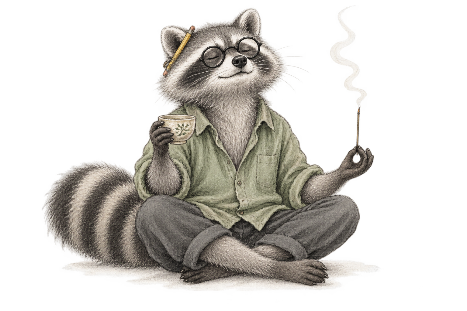 The raccoon designer meditating with herbal tea and incense